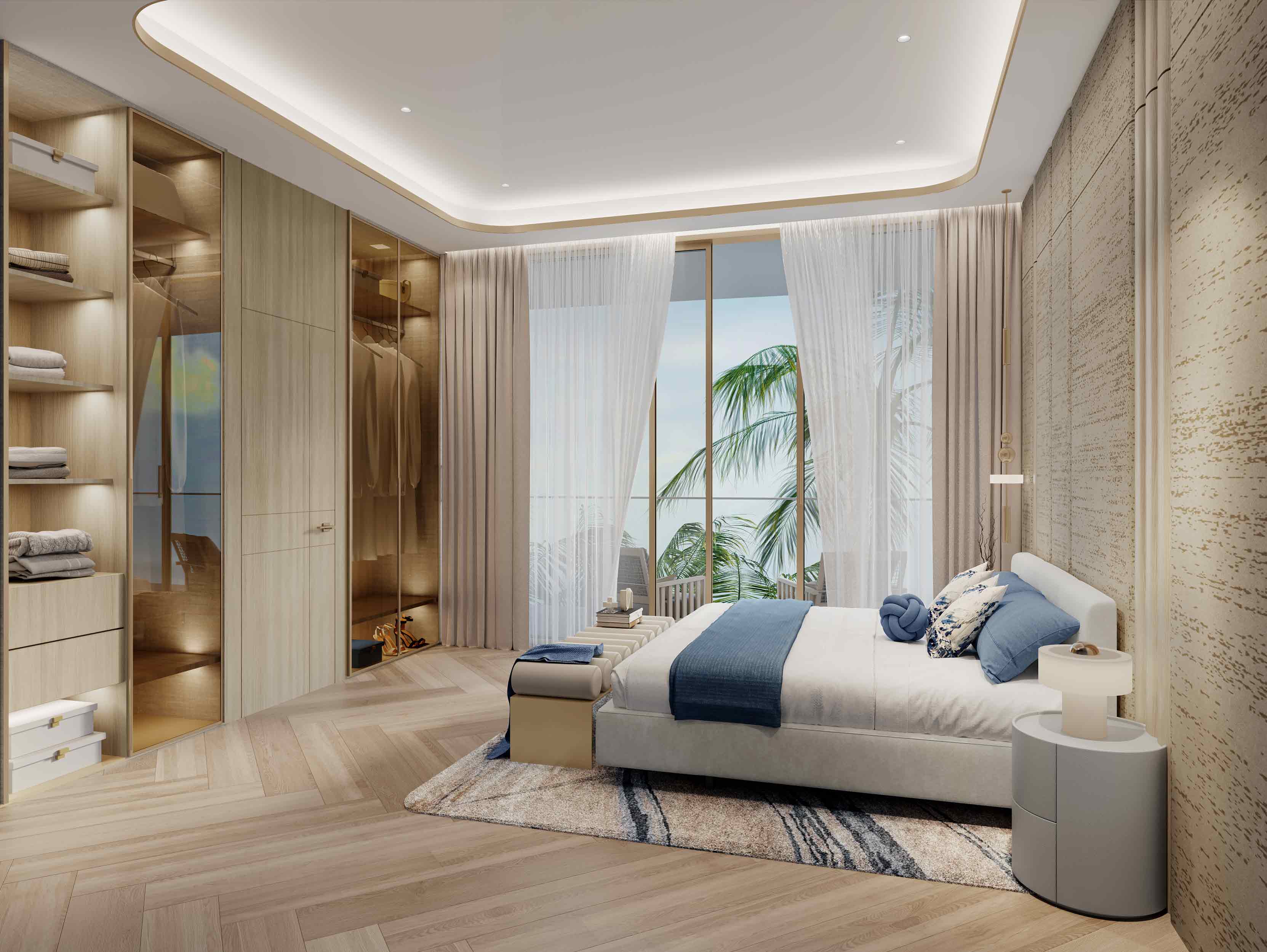 Sunset Bay Grand By Imtiaz A modern bedroom featuring a bed, soft linens, elegant decor, large windows, and a view of palm trees outside.